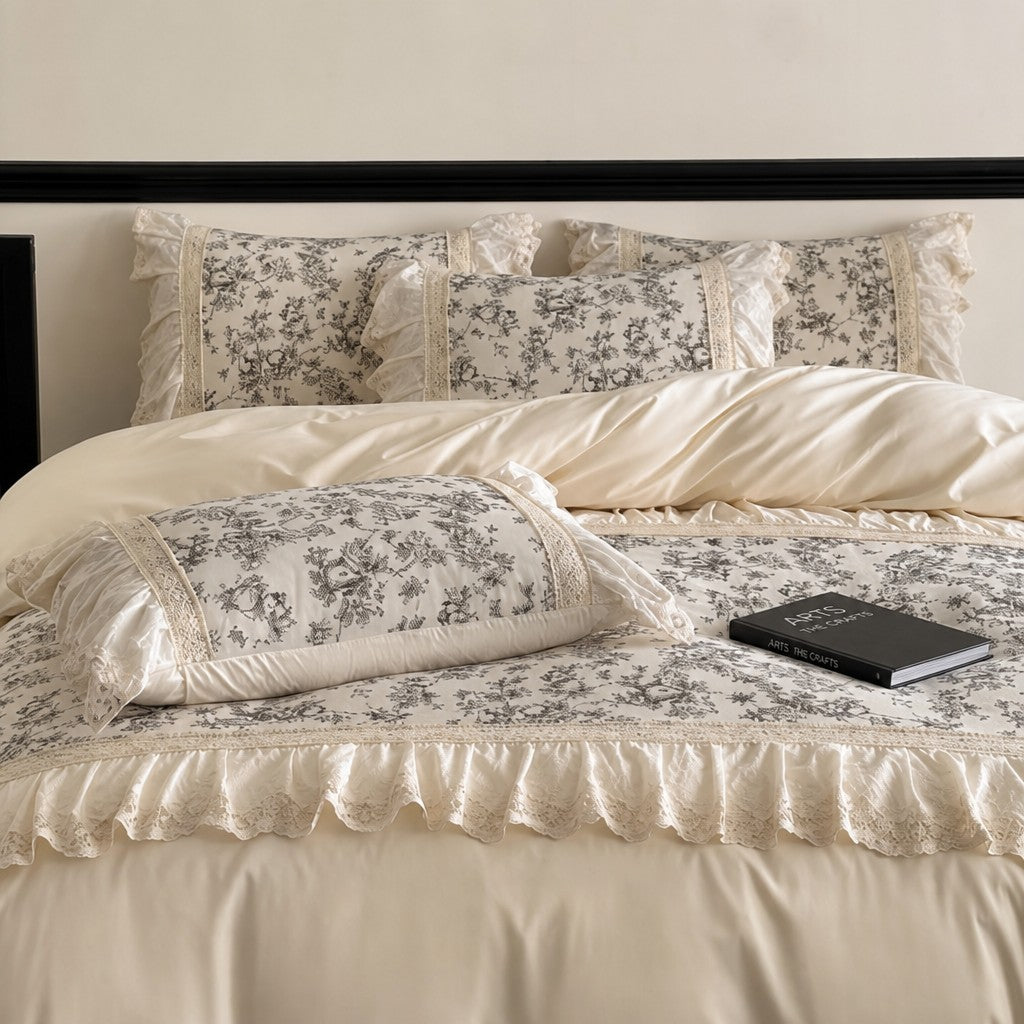 Roselle Lacera Cream Floral Bedding Set – Cottage Polyester Duvet Cover with Lace Trim Decor G68