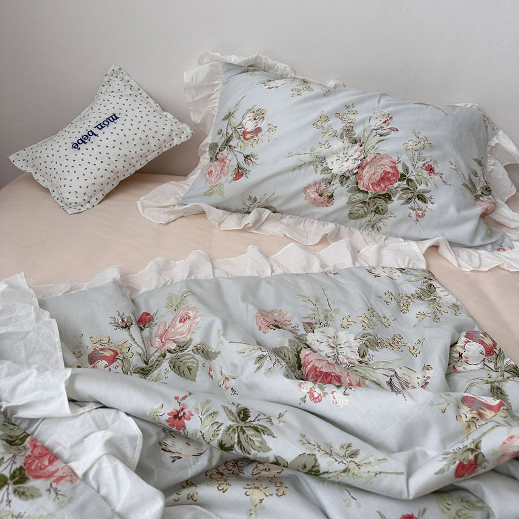 Vintage Sky Blue Cottage Roses Ruffle Summer Comforter Set
