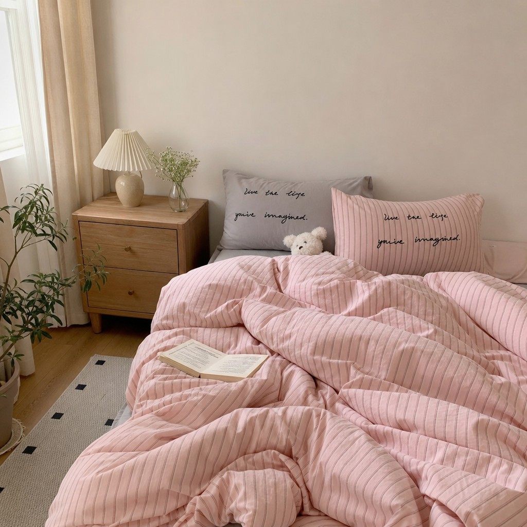Vintora Washed Cotton Striped Bedding Set Soft Breathable Cotton Minimalist Set G94