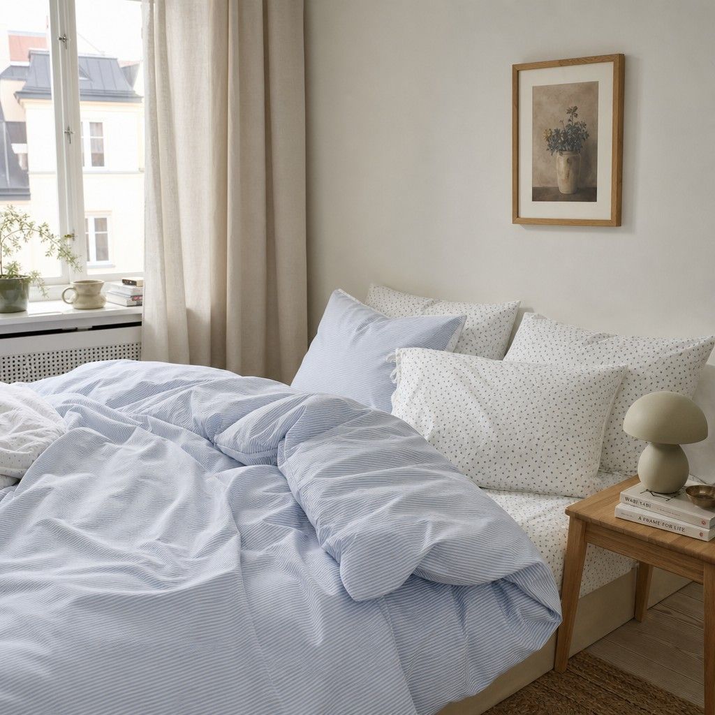 Roselle Blue Striped Cotton Bedding Set for All Season Bedroom Comfort G77