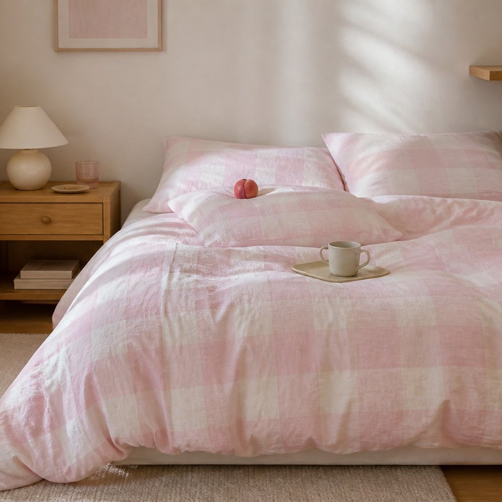Viatora Pink Plaid Cotton Bedding Set Breathable  Wicking for All Seasons G76