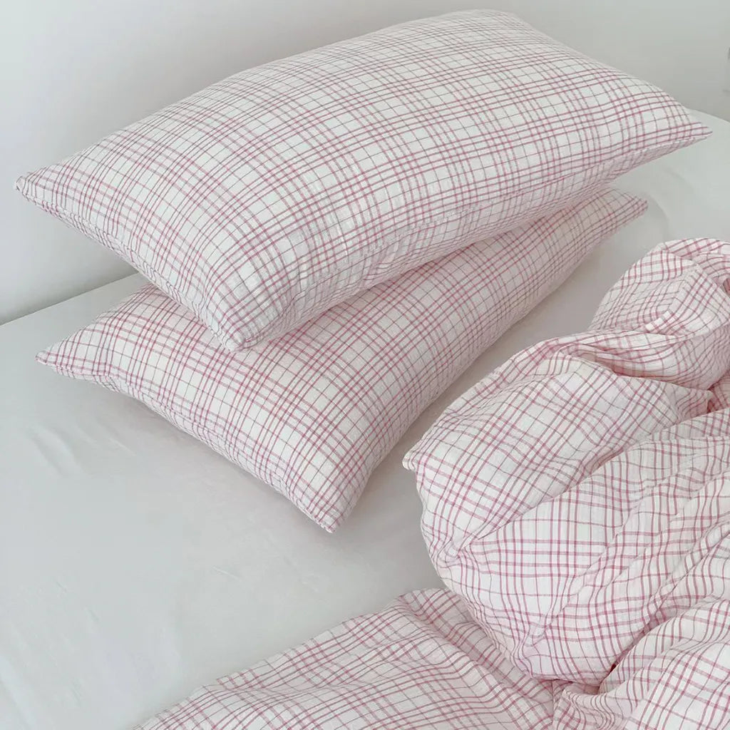 Soft Pink Plaid Cotton Bedding Set
