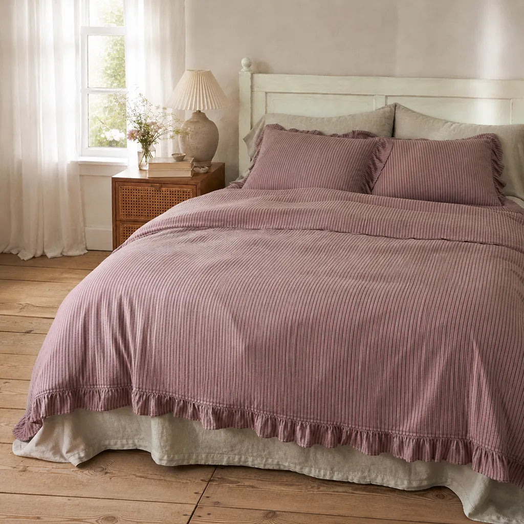 Purple Striped Ruffle Duvet Cover