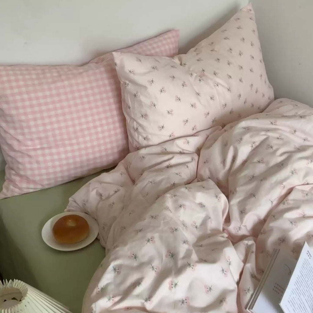 Floral Pink Gingham Washed Cotton Bedding Set Pastel Country Style 4-Piece Sheet Set for Bedroom G74