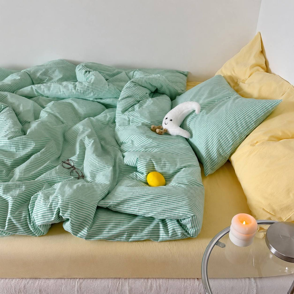 Vintora Minimalist Washed Cotton Striped Bedding Set  Airy All Season G97