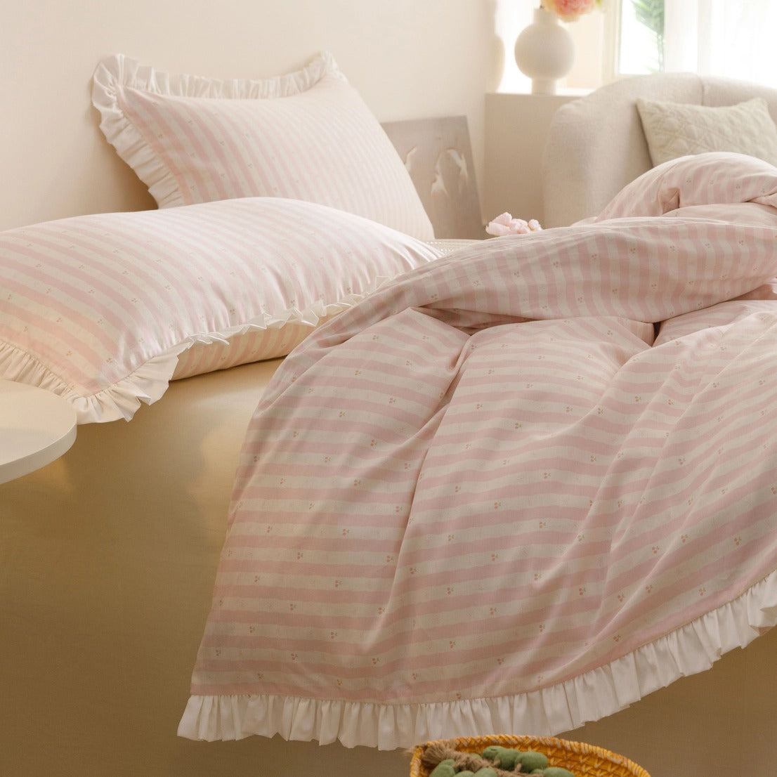 Roselle Pink and White Striped Cotton Bedding Set with Ruffle Trim G112