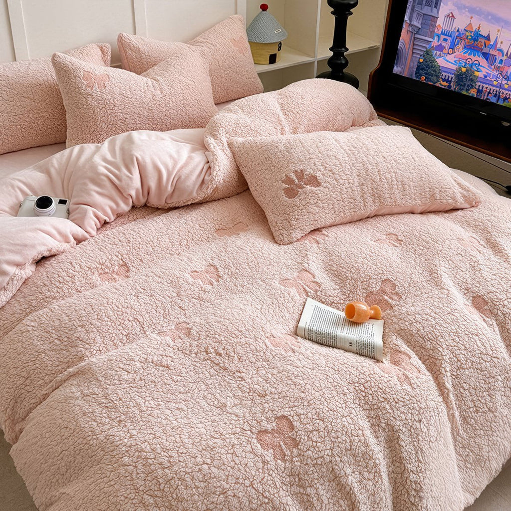 Embroidered Bows Sherpa Bedding Set