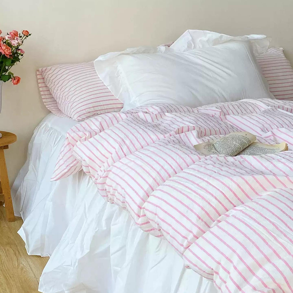Roselle French Country Cloud White Cotton Bedding Set with Pink Striped Bed Skirt G109