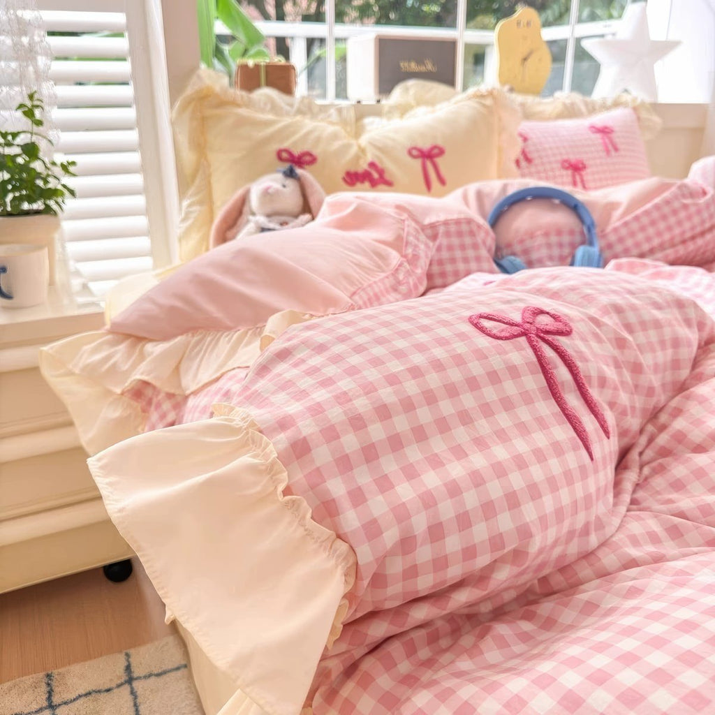 Pastel Pink Gingham with Bows Bedding Set