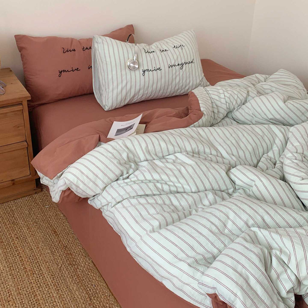 Vintora Washed Cotton Striped Bedding Set Soft Breathable Cotton Minimalist Set G94