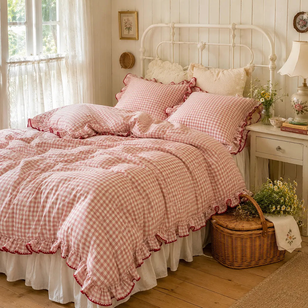 Pink Gingham Ruffle Duvet Cover Set