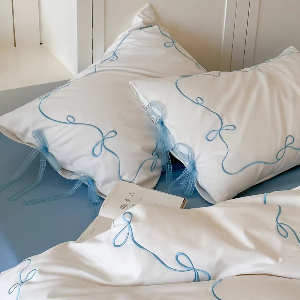 Coquette Bow Embroidery Bedding Set - Blue