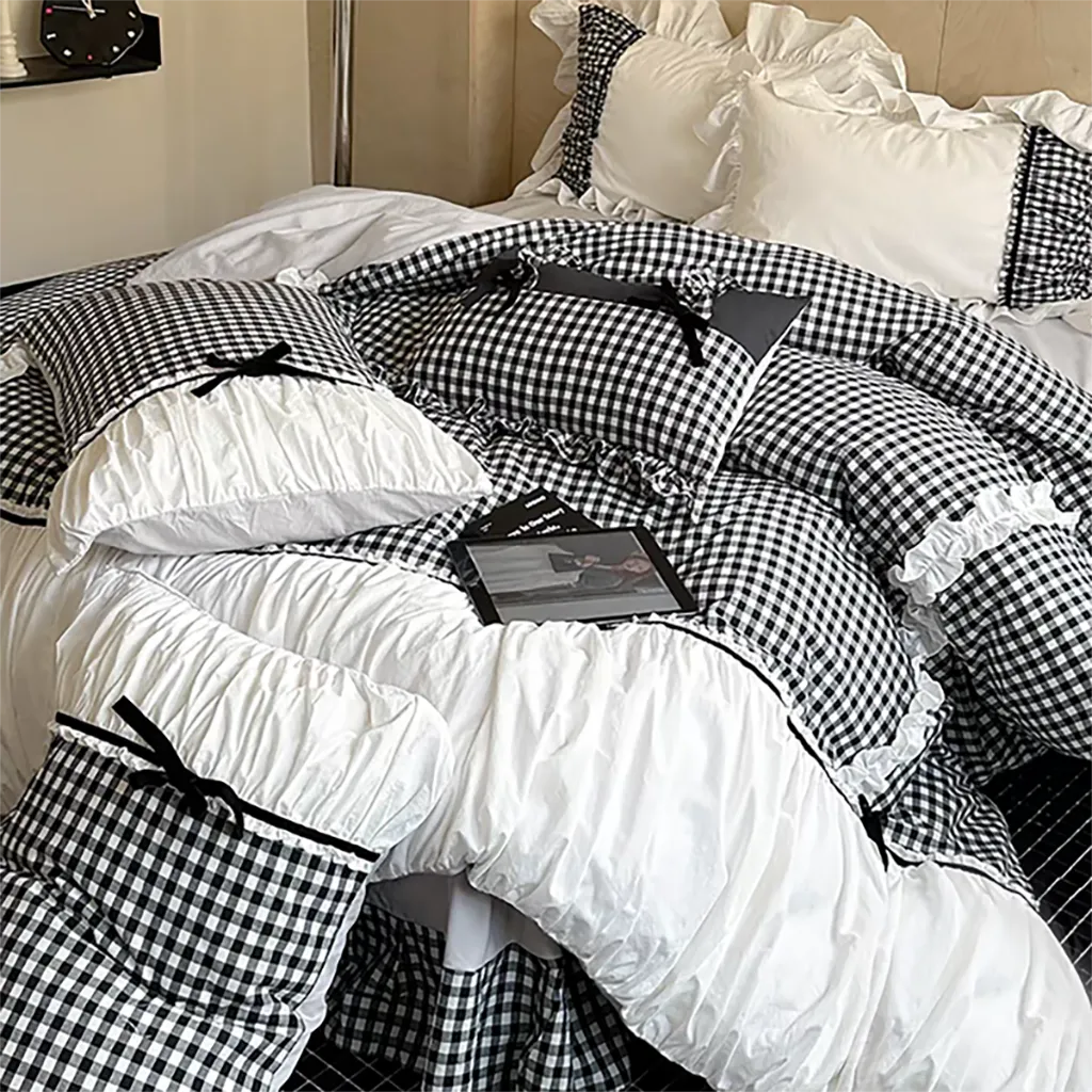 Black Gingham with Bow Ruched Bedding Set