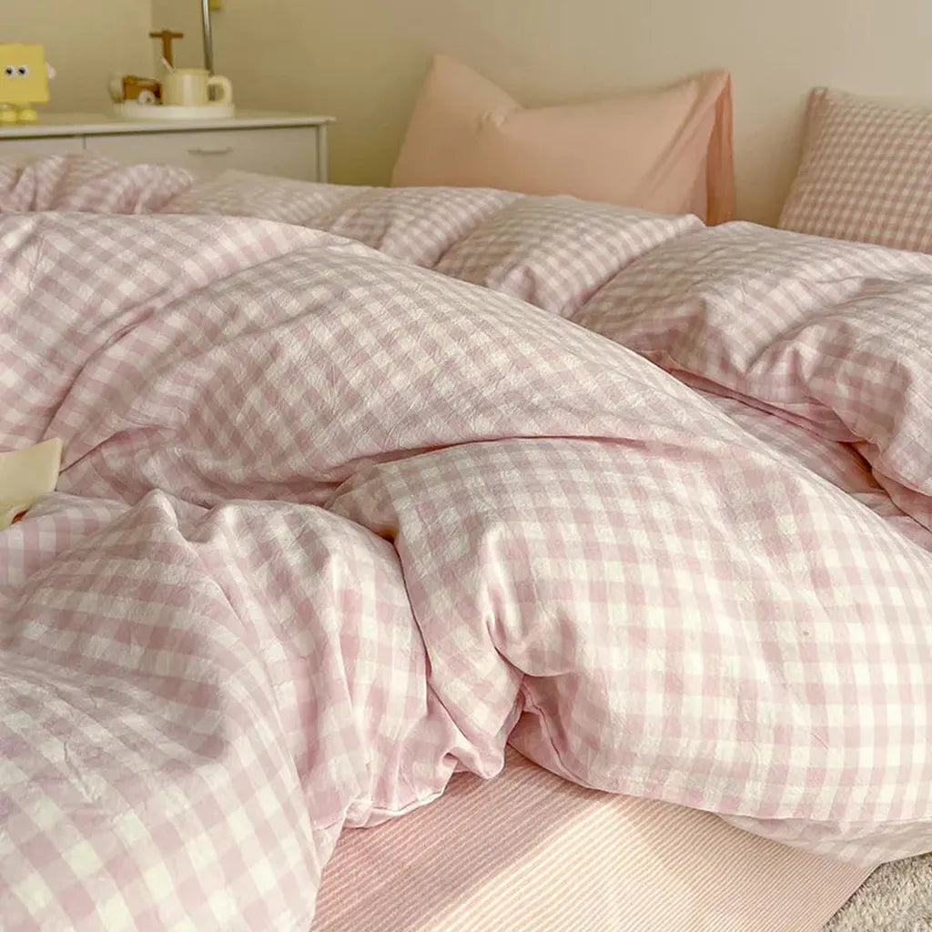 Cotton Small Gingham Bedding Set - Baby Pink