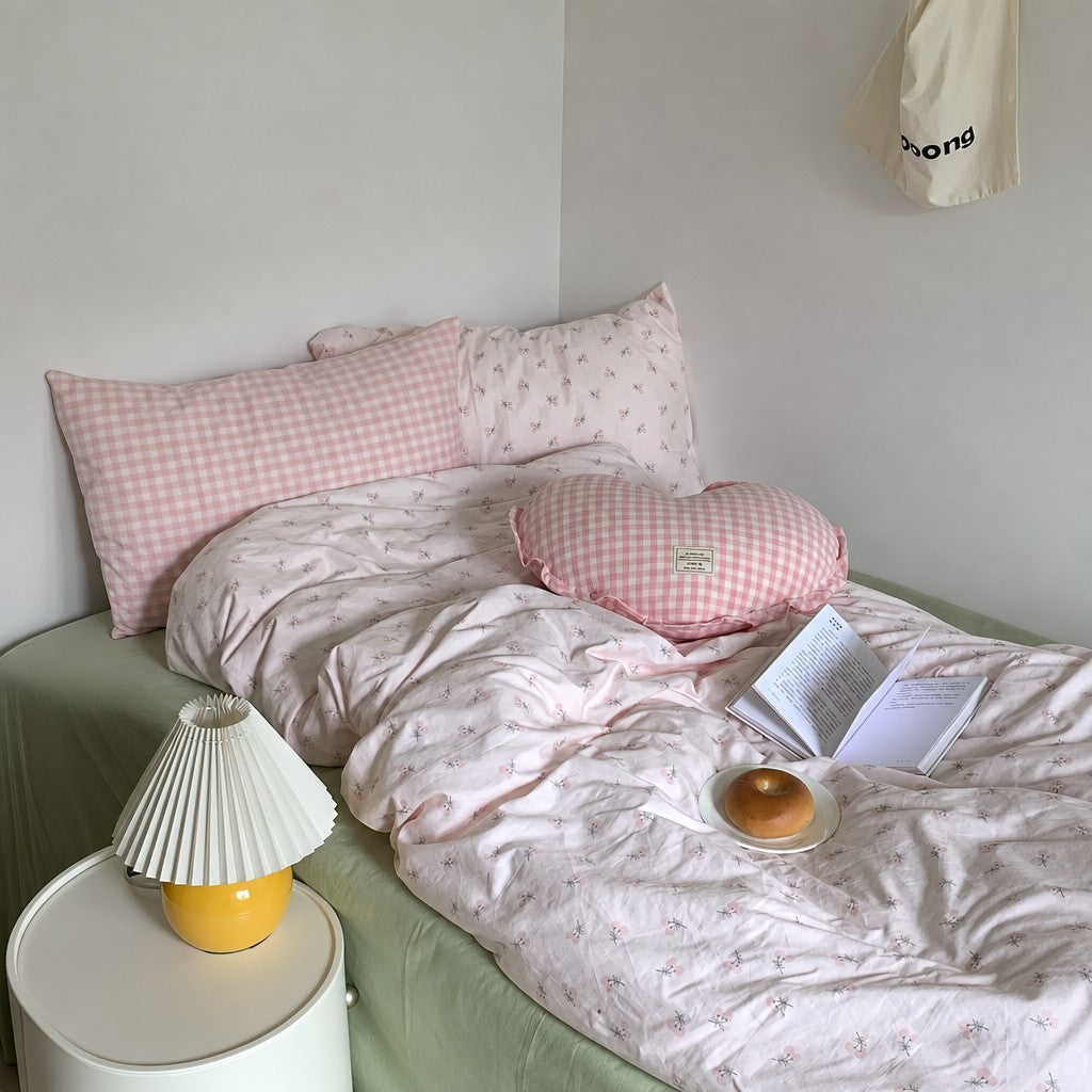 Floral Pink Gingham Washed Cotton Bedding Set Pastel Country Style 4-Piece Sheet Set for Bedroom G74