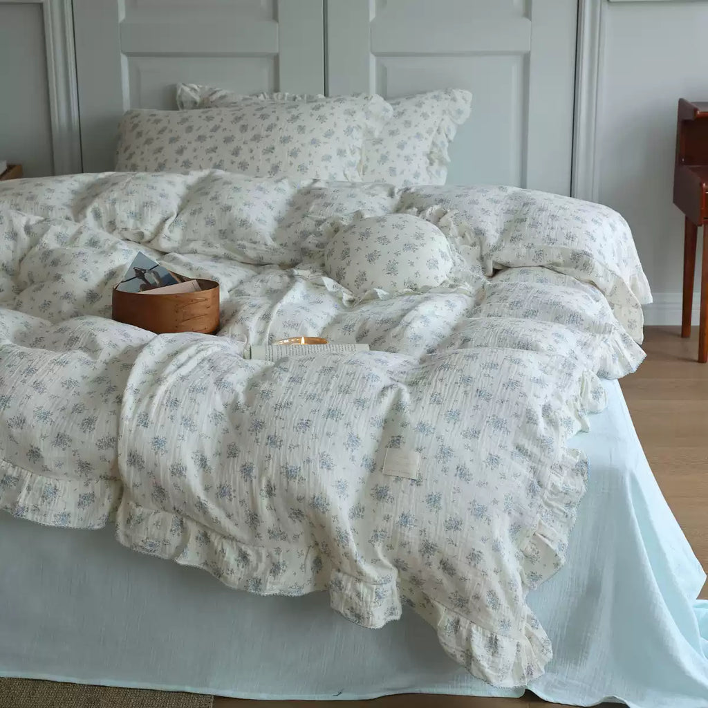 Roselle Soft Blue Floral Cotton Bedding Set with Ruffle Edge G115