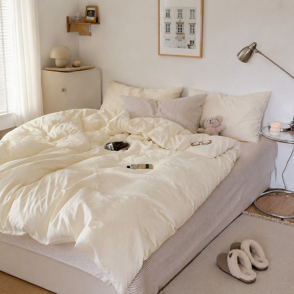 Vintora Minimalist Washed Cotton Striped Bedding Set  Airy All Season G97