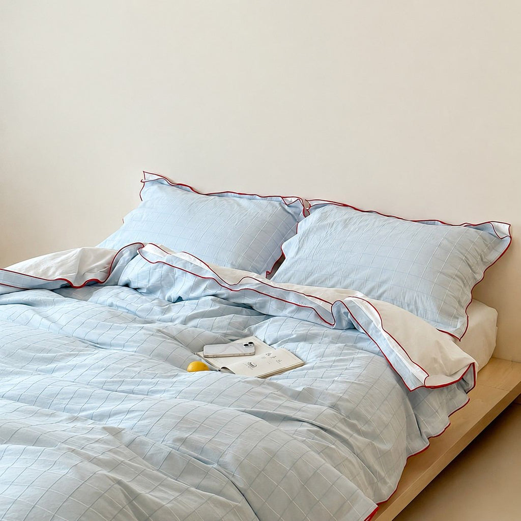 Vintora Simple Retro Blue Plaid Red Double-Sided Cotton Bedding Set G120