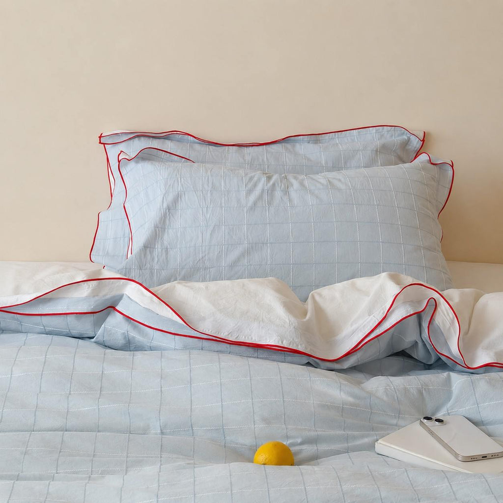 Vintora Simple Retro Blue Plaid Red Double-Sided Cotton Bedding Set G120