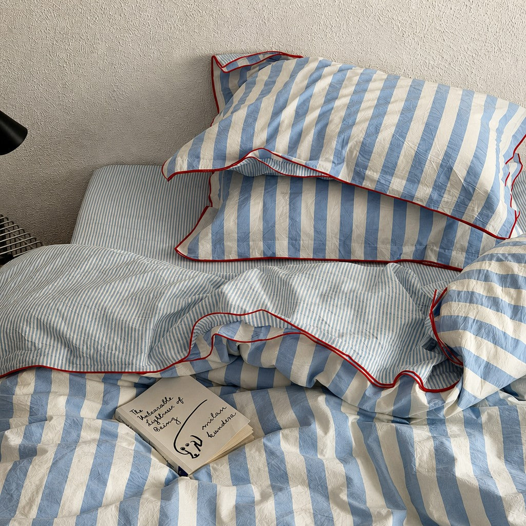 Vintora Modern Blue Stripe Washed Cotton Bedding Set