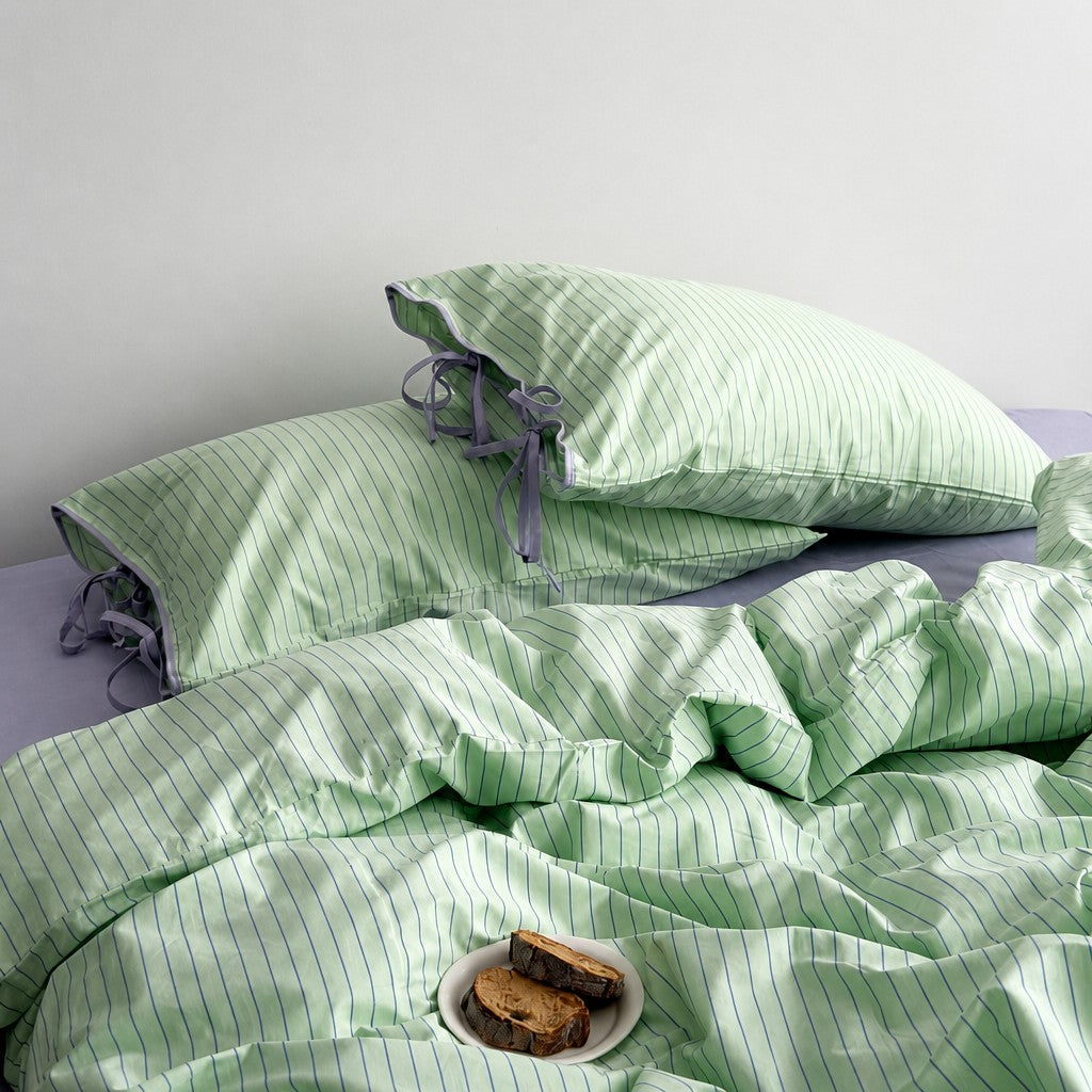 Vintora Modern Green Stripe Cotton Bed Linen Set G95