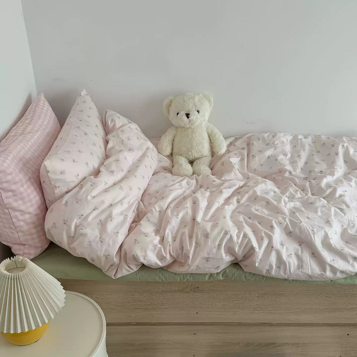 Floral Pink Gingham Washed Cotton Bedding Set Pastel Country Style 4-Piece Sheet Set for Bedroom G74