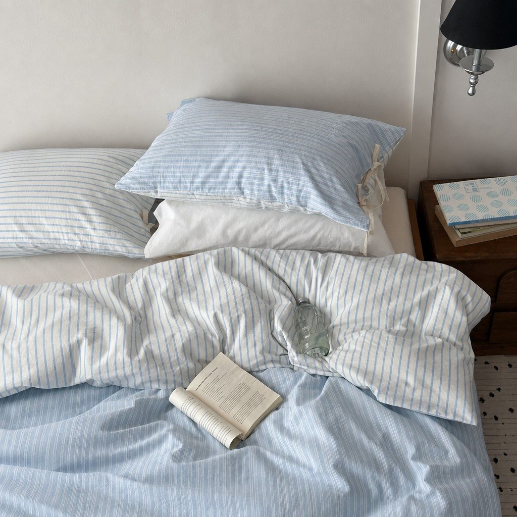 Vintora Blue Stripe Washed Cotton Bedding Set Breathable All Season Bed Linen G93
