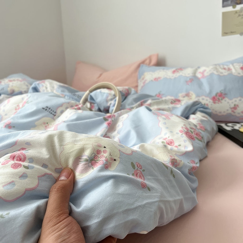 Romantic Blue & Pink Floral Lace Bedding Set