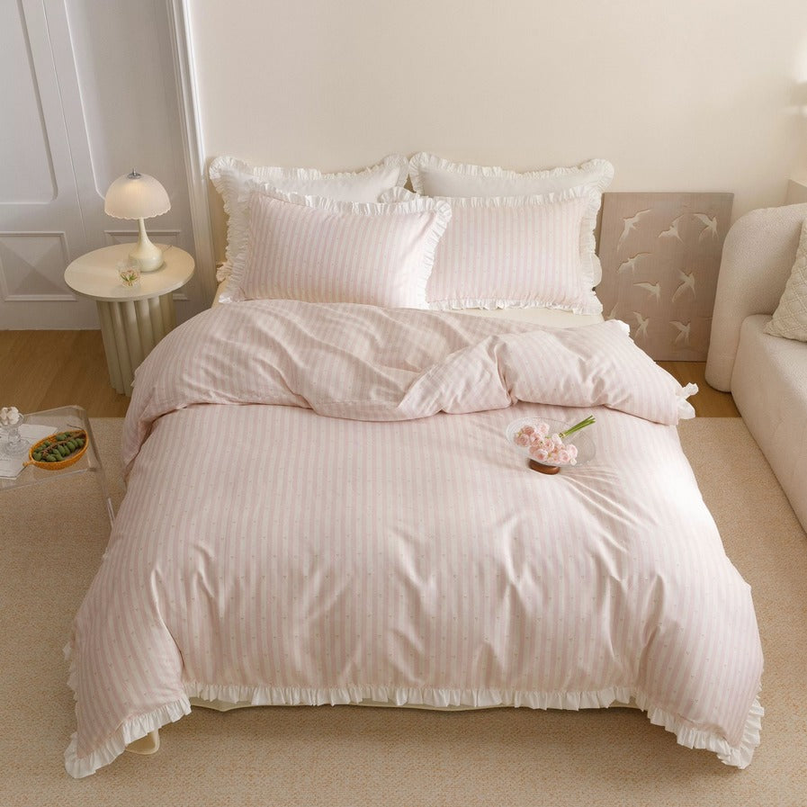 Roselle Pink and White Striped Cotton Bedding Set with Ruffle Trim G112