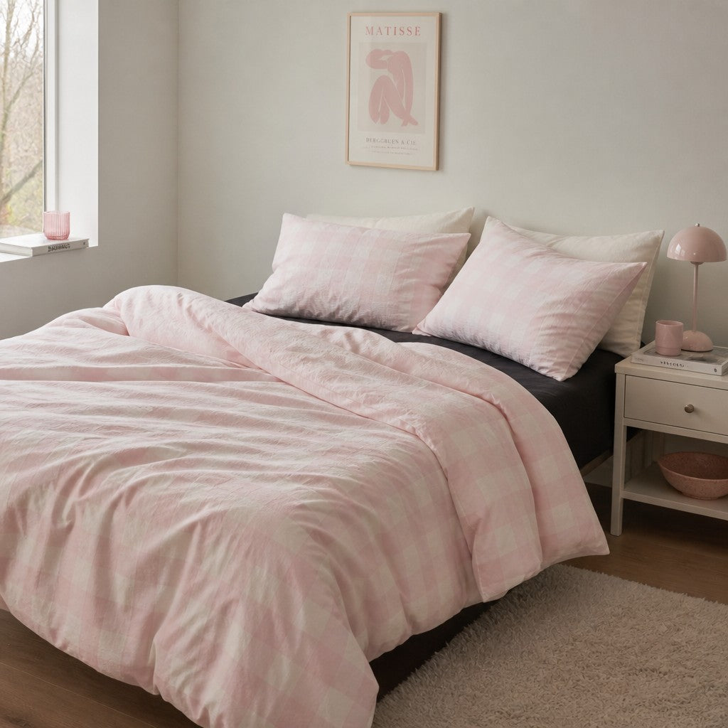 Viatora Pink Plaid Cotton Bedding Set Breathable  Wicking for All Seasons G76