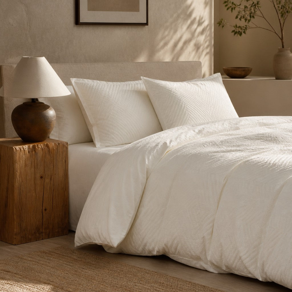 Cottara Pure Cotton White Bedding Set – Textured Japandi Style Bed Linen Set for All Season Home Comfort G64