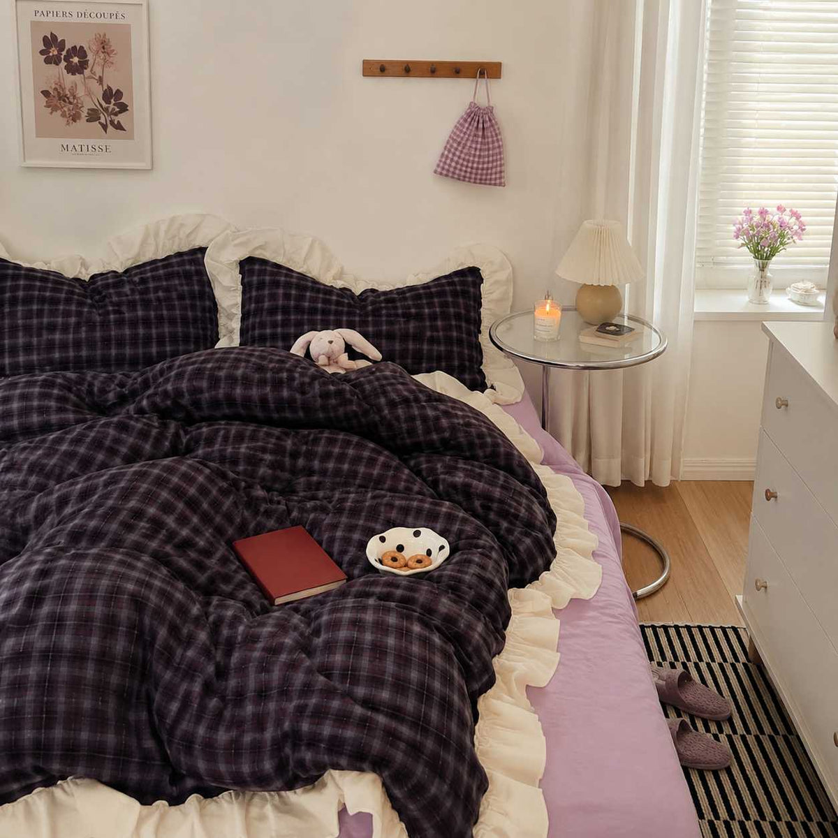 Roselle Washed Cotton Gingham Bedding Set with Ruffle Trim G113