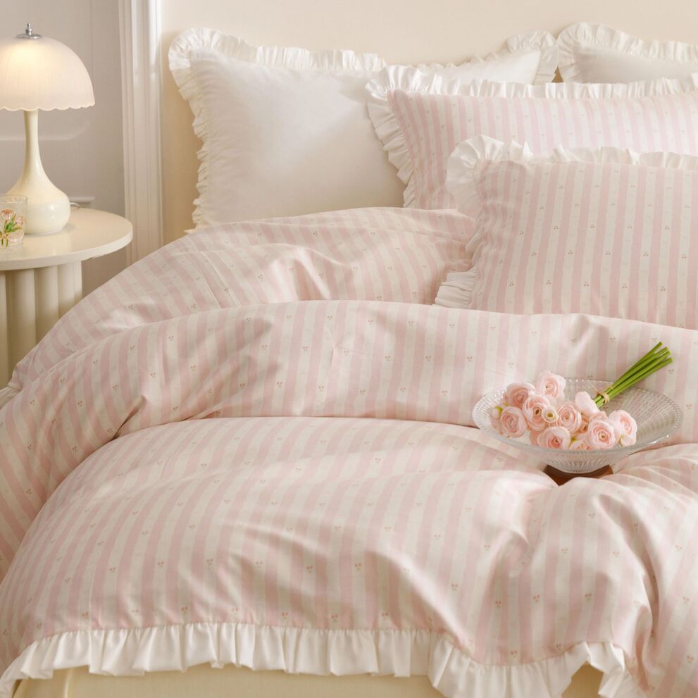 Roselle Pink and White Striped Cotton Bedding Set with Ruffle Trim G112