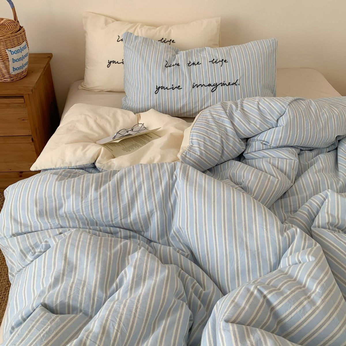Vintora Washed Cotton Striped Bedding Set Soft Breathable Cotton Minimalist Set G94