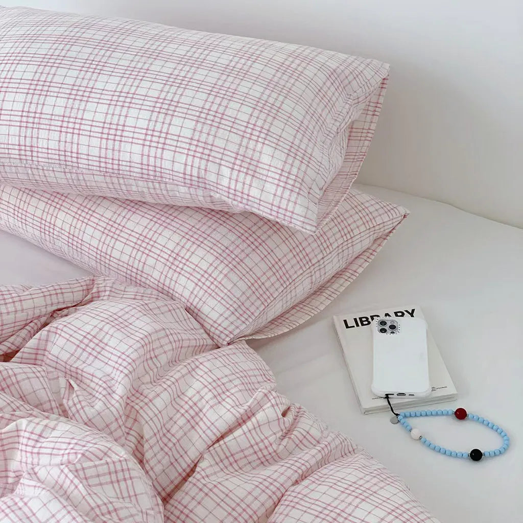 Soft Pink Plaid Cotton Duvet Cover