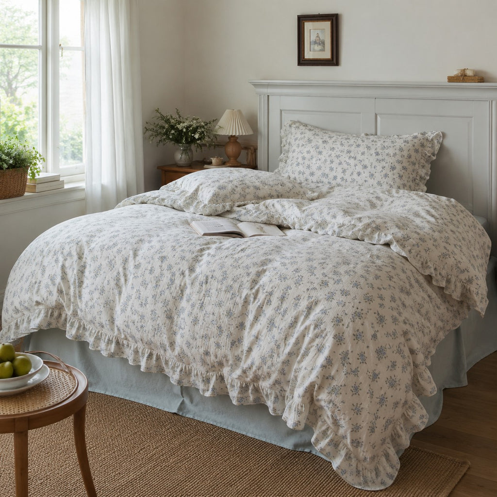 Roselle Soft Blue Floral Cotton Bedding Set with Ruffle Edge G115