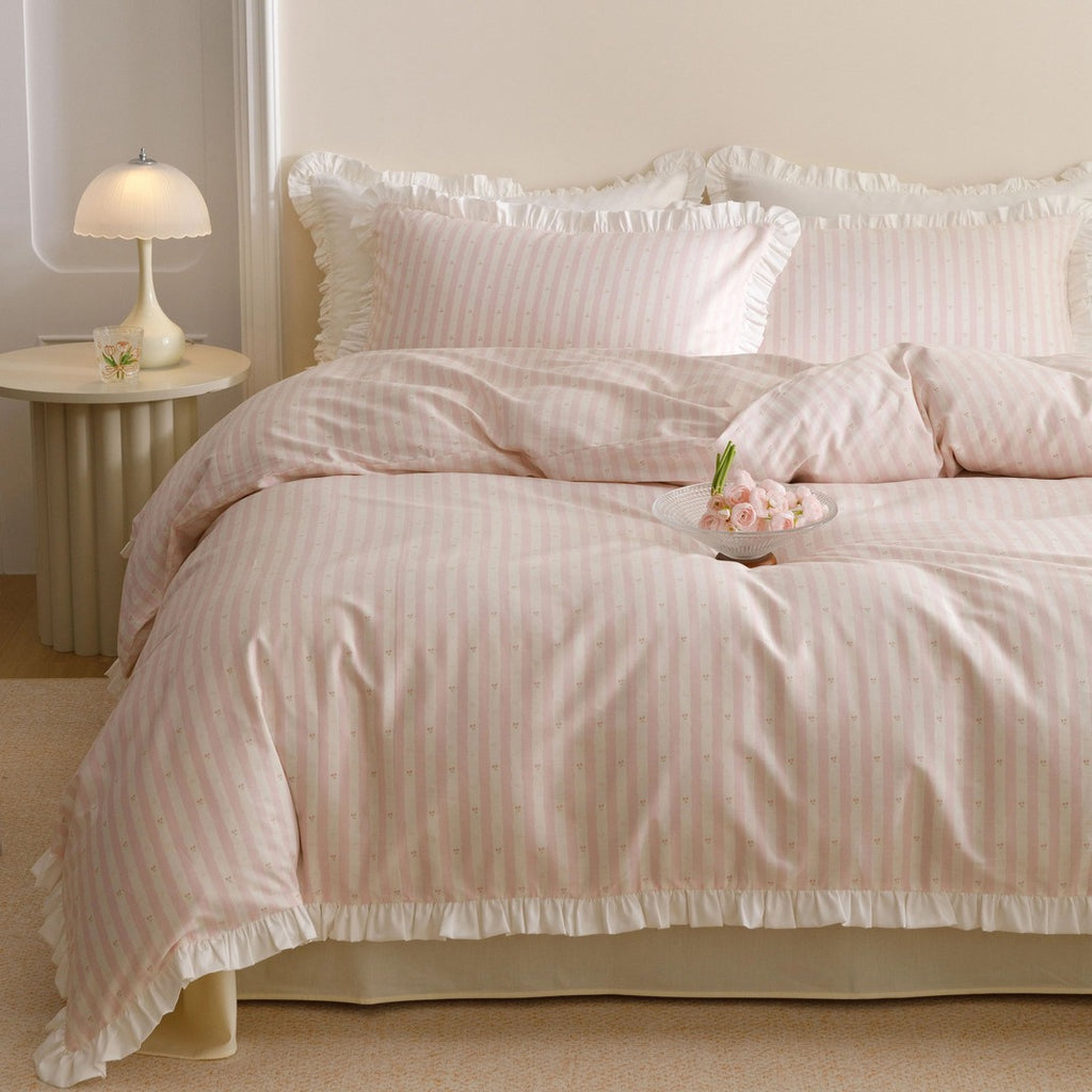 Roselle Pink and White Striped Cotton Bedding Set with Ruffle Trim G112