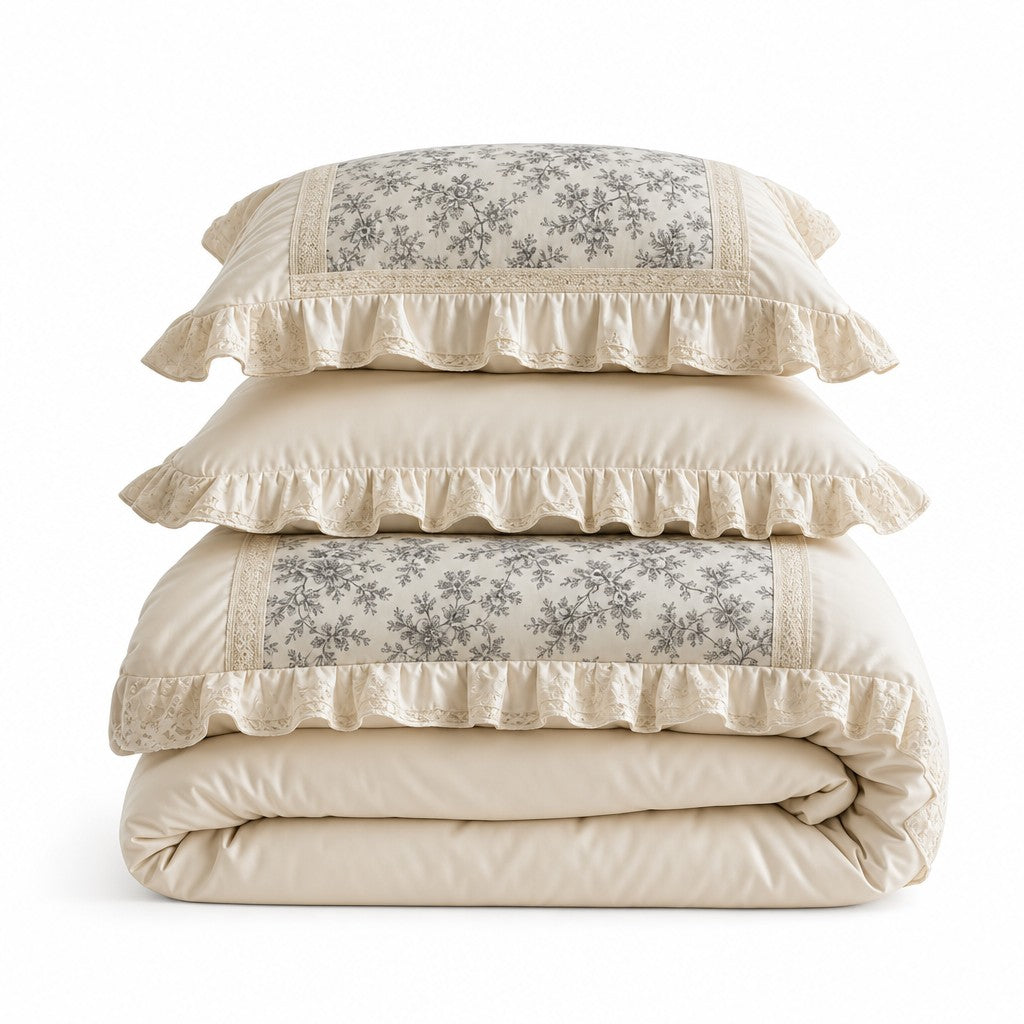 Roselle Lacera Cream Floral Bedding Set – Cottage Polyester Duvet Cover with Lace Trim Decor G68