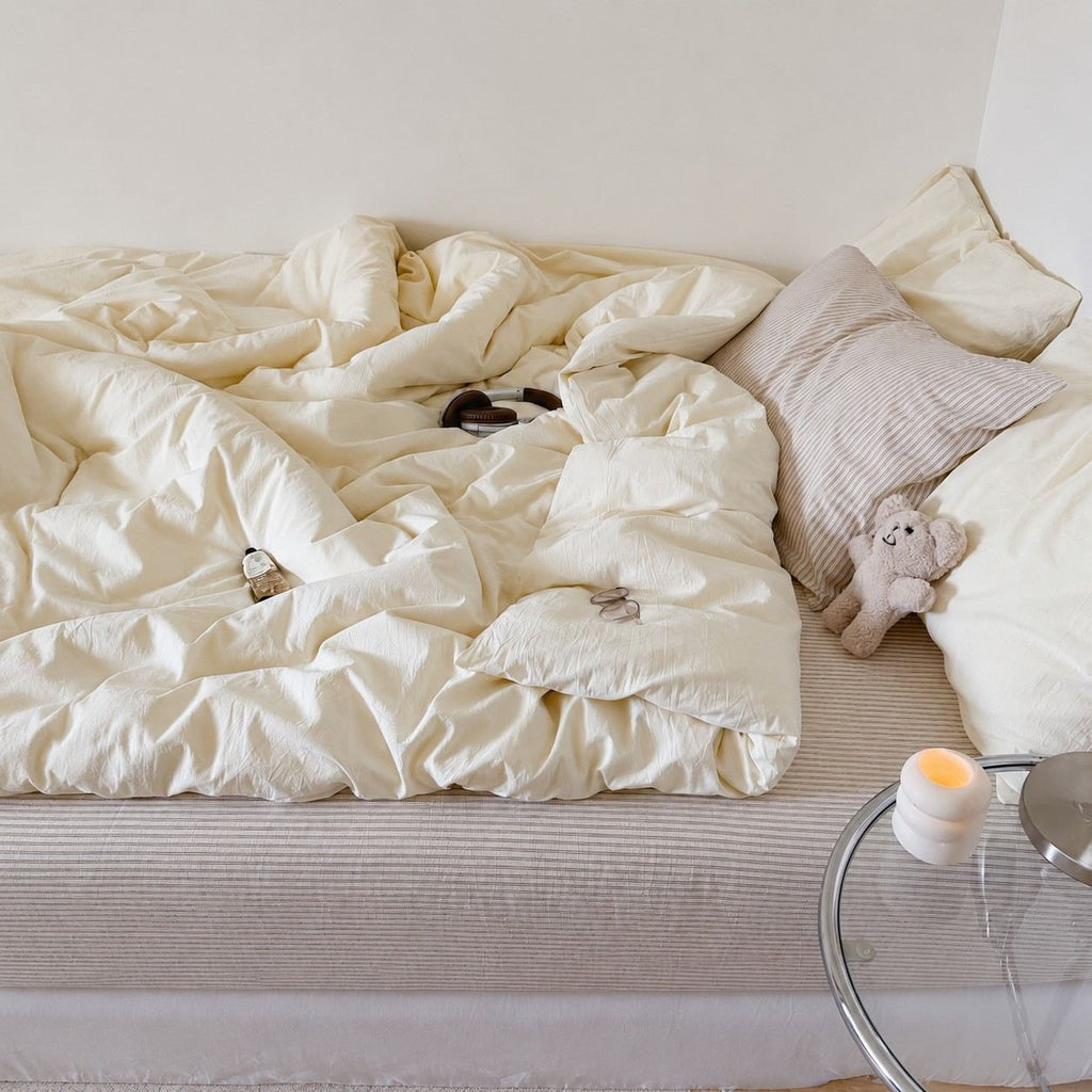 Vintora Minimalist Washed Cotton Striped Bedding Set  Airy All Season G97