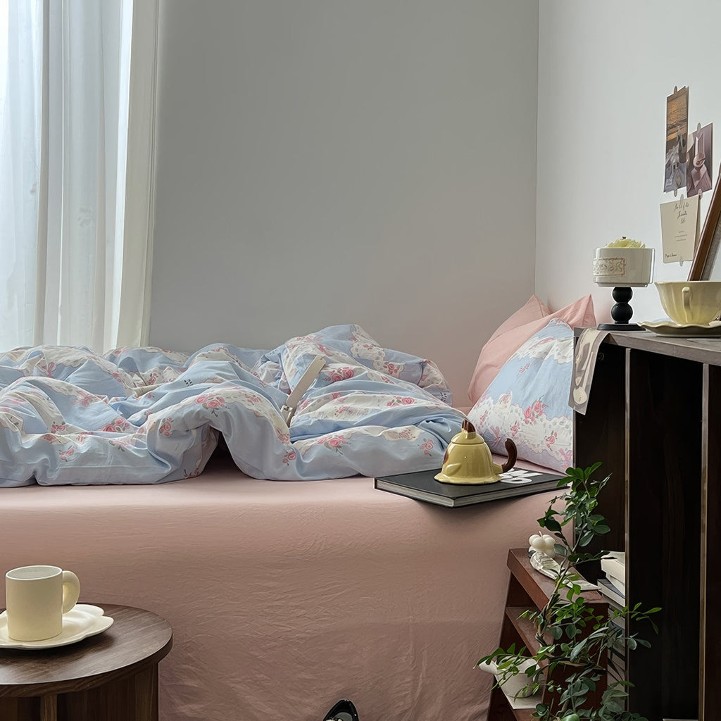 Romantic Blue & Pink Floral Lace Bedding Set