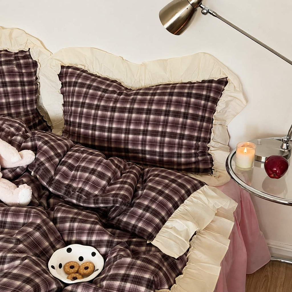 Roselle Washed Cotton Gingham Bedding Set with Ruffle Trim G113