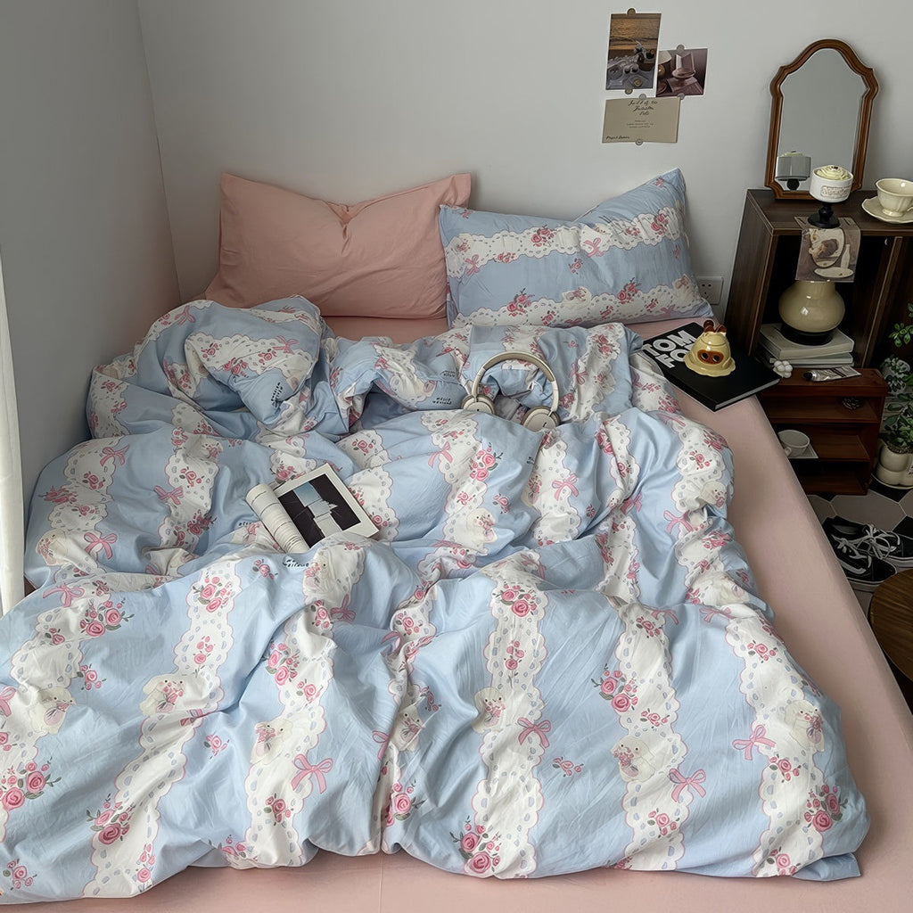 Romantic Blue & Pink Floral Lace Bedding Set