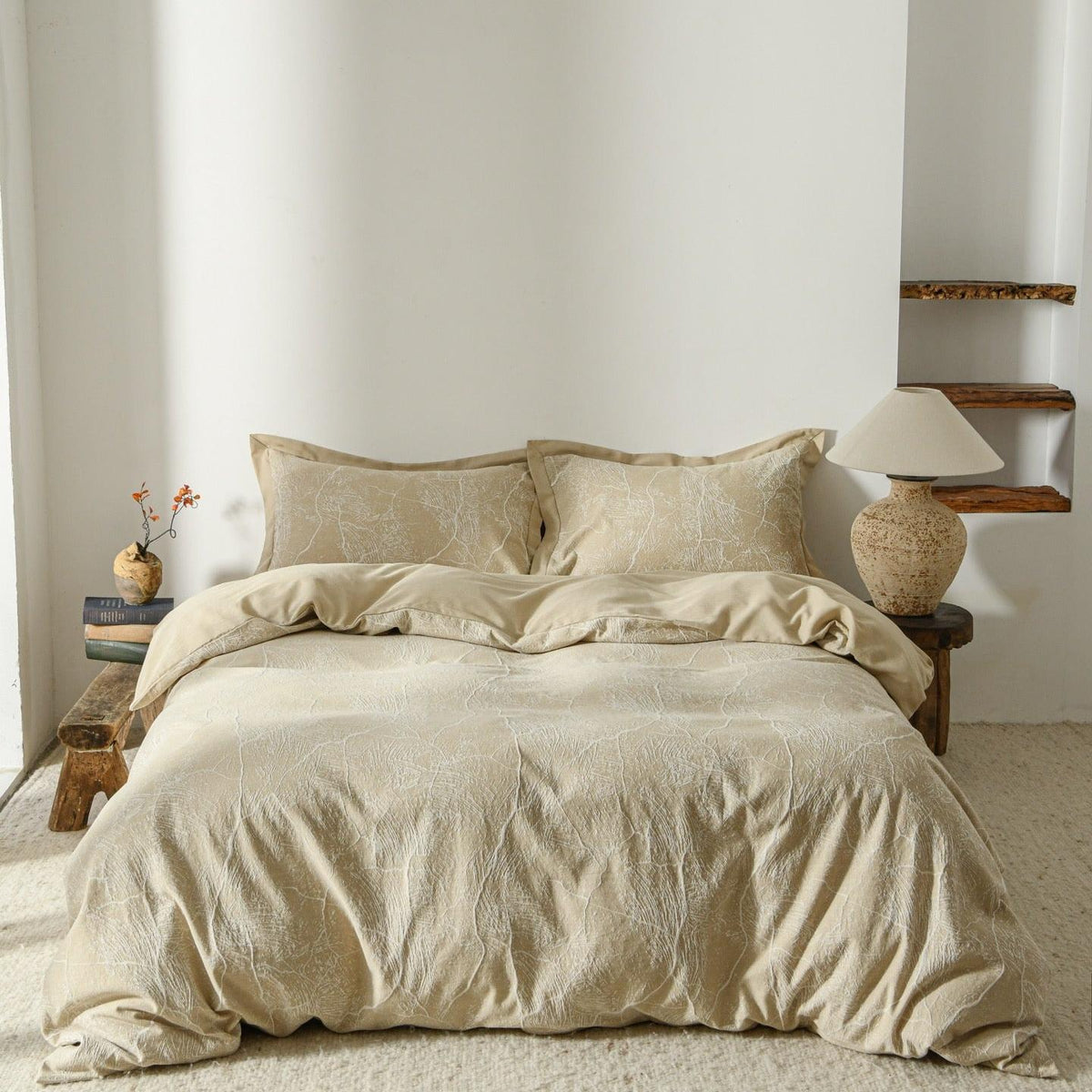 Glacier Vein Jacquard Cotton Duvet Cover Set - Sand Beige