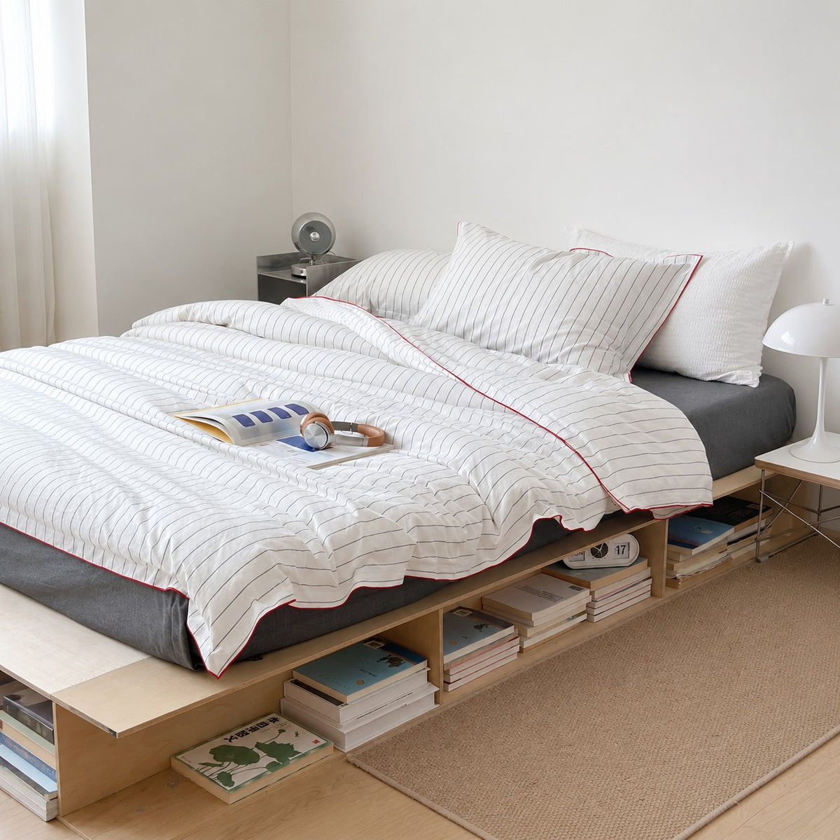 Vintora Minimalist White Striped Washed Cotton Bedding Set for Everyday Comfort G116