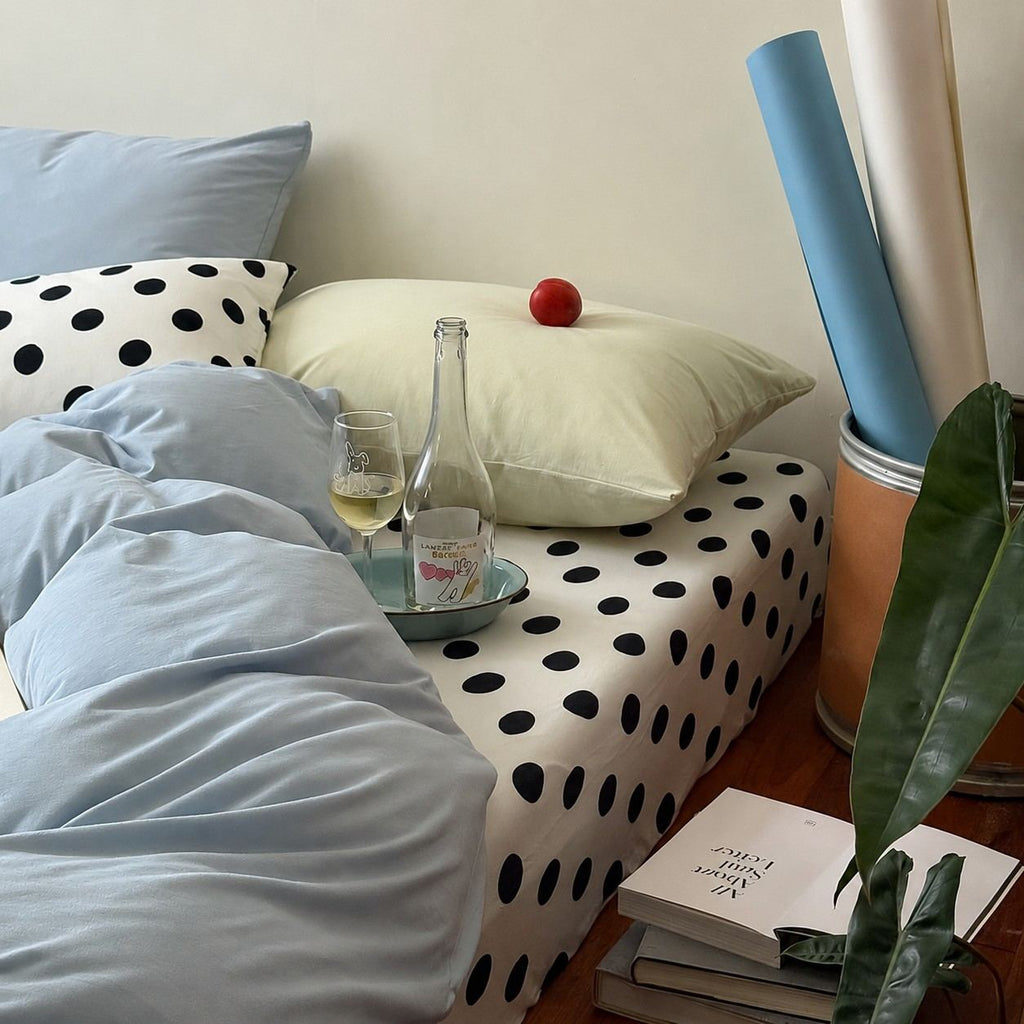 Vireza Black White Polka Dot Blue Cotton Bedding Set for All Season Set G102