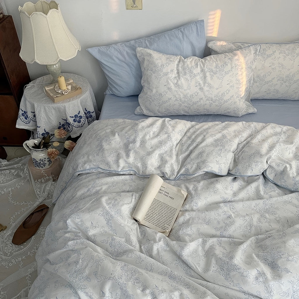 Blue Floral Line Art Bedding Duvet Cover Set