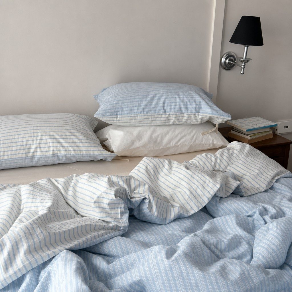 Vintora Blue Stripe Washed Cotton Bedding Set Breathable All Season Bed Linen G93
