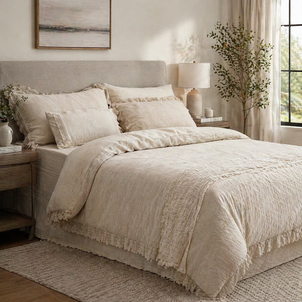 Rustic Linen Cotton Bedding Set with Lace