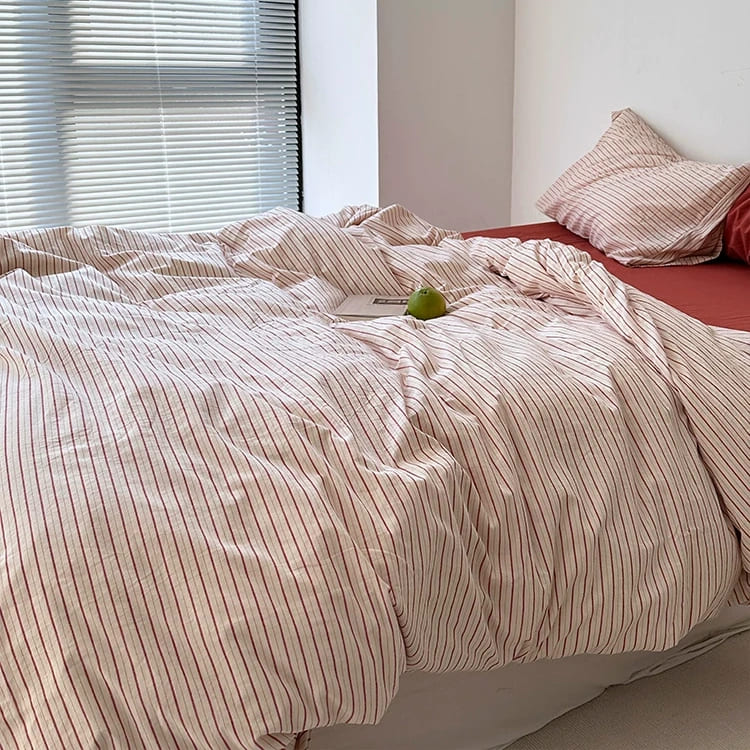 Vintora Red Beige Striped Cotton Bedding Set Minimalist Style for Bedroom Home Decor G83