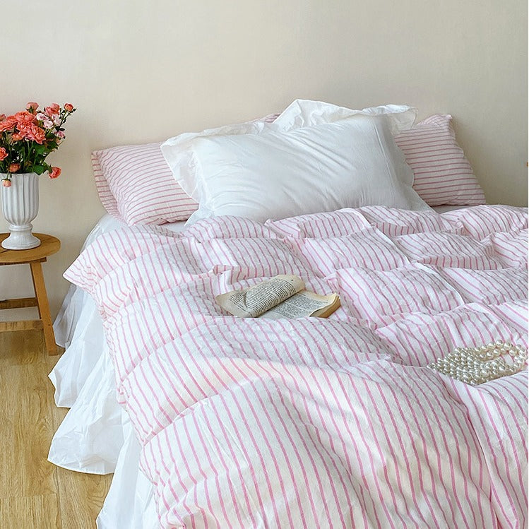 Roselle French Country Cloud White Cotton Bedding Set with Pink Striped Bed Skirt G109